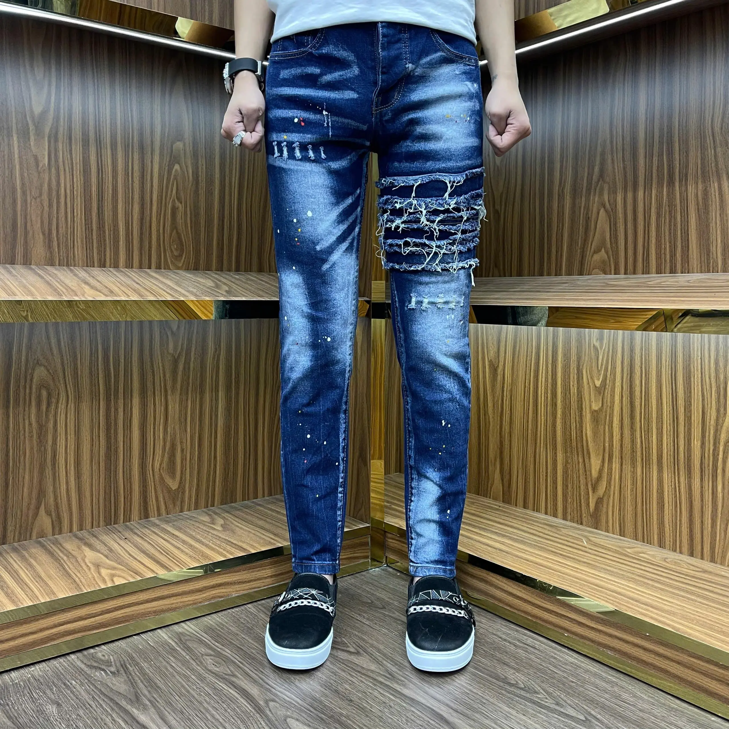 quần jeans nam xanh vảy sơn khuyết tật xanh bốn cúc