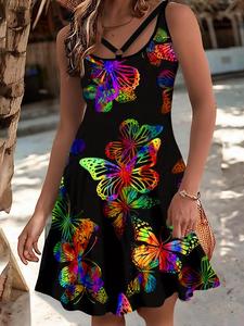 【Plus Size】 Butterfly Print Tank Dress, Casual Sleeveless Short Dress for Summer, Women's Plus Clothing for Daily Wear
