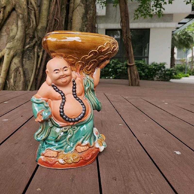 Chậu tượng Di Lặc nâng ang men xanh gốm sứ Bát Tràng