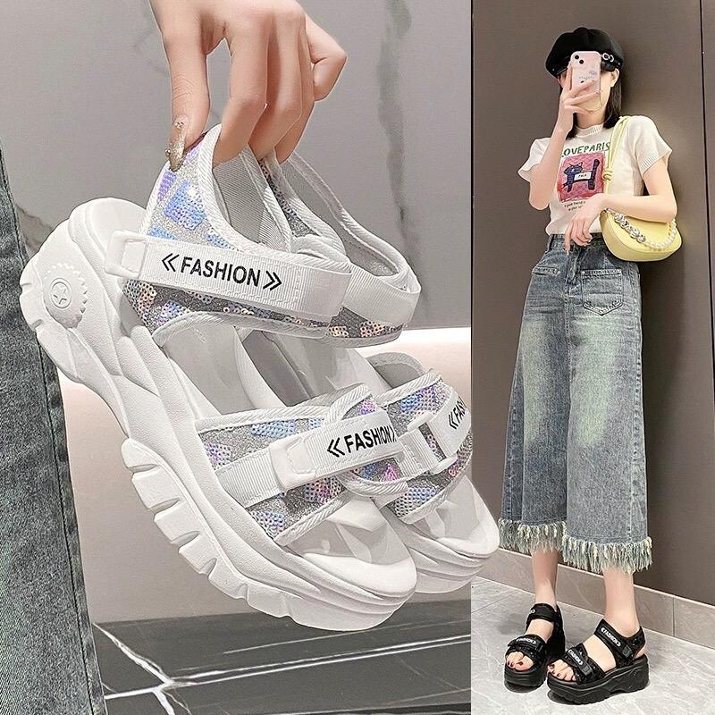 Dép sandal nữ đế độn quai kim tuyến độn đế 5cm