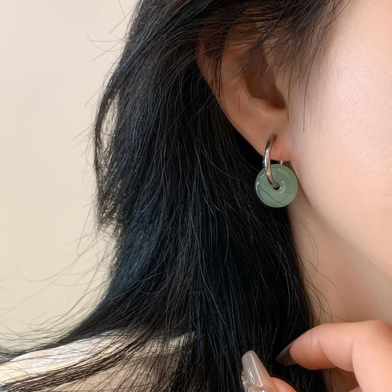 Khuyên Tai Tròn Bằng Thép Không Gỉ, Ngọc Bích Xanh Lá Cây, Dành Cho Phụ Nữ, Phong Cách Cổ Điển Và Thanh Lịch, Khuyên Tai Kẹp Tai, Đồ Trang Sức Bản To 5