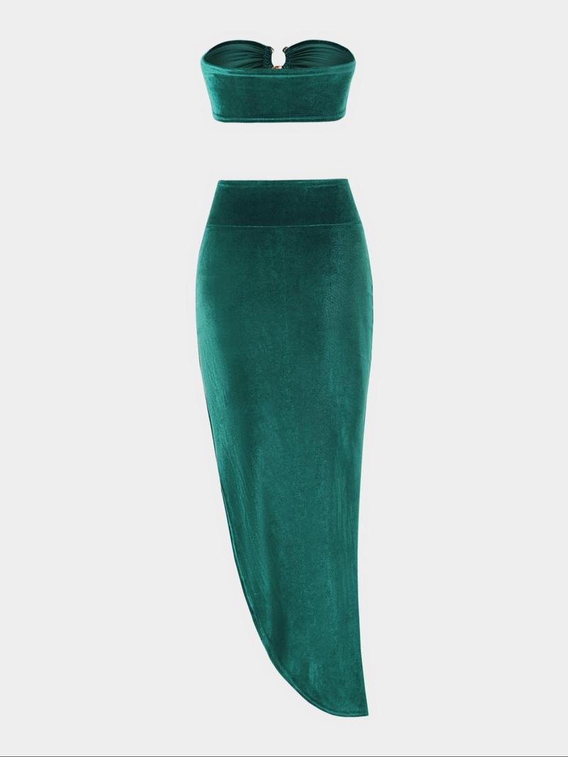 Product Introduction of Two-Piece Set Women's Solid Color Chain Decor Ruched Crop Tube Top & Split Thigh Asymmetrical Hem Skirt, Elegant Fashion Outfits for Daily Outdoor Wear, Ladies Clothes for All Seasons 2