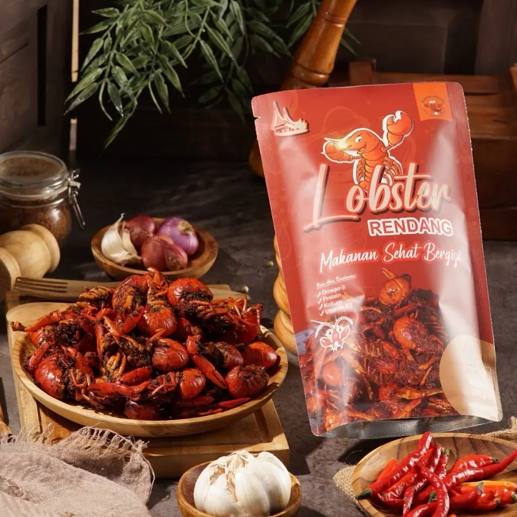 Rendang lobster air tawar kemasan 250 gram makanan instan siap saji menggunakan nasi hangat crispy