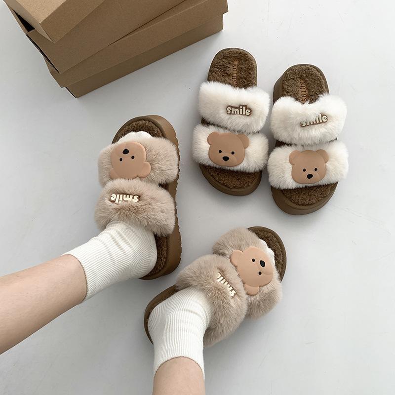 Dép Lông 2 Quai SMILE Đế Cao Dễ Thương Thời Trang Mùa Thu Đông Gắn Gấu Mền Mịn Nhẹ Phối Đồ Cực Xinh