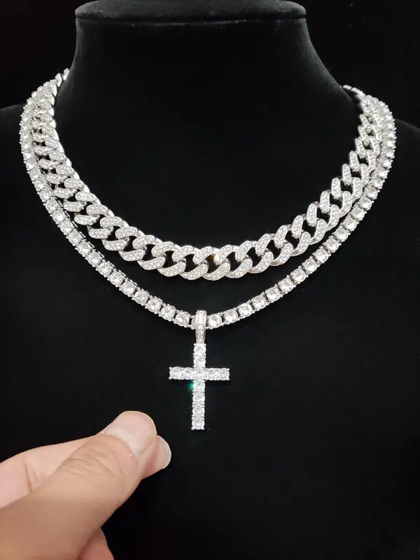 Luxury Artificial Zircon Vintage Necklace Set, Cross Pendant Necklace & Cuban Chain Necklace, Sparkly Matching Jewelry for Party, Streetwear Hip Hop Punk Gift for Men Women, for Fall 2