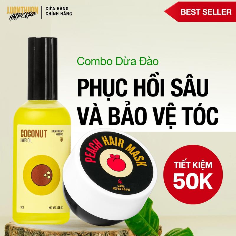 Combo Dưỡng tóc toàn diện Luomthuom Haircare: Dưỡng tóc tinh dầu Dừa 100ml + Kem ủ tóc Đào 200gr