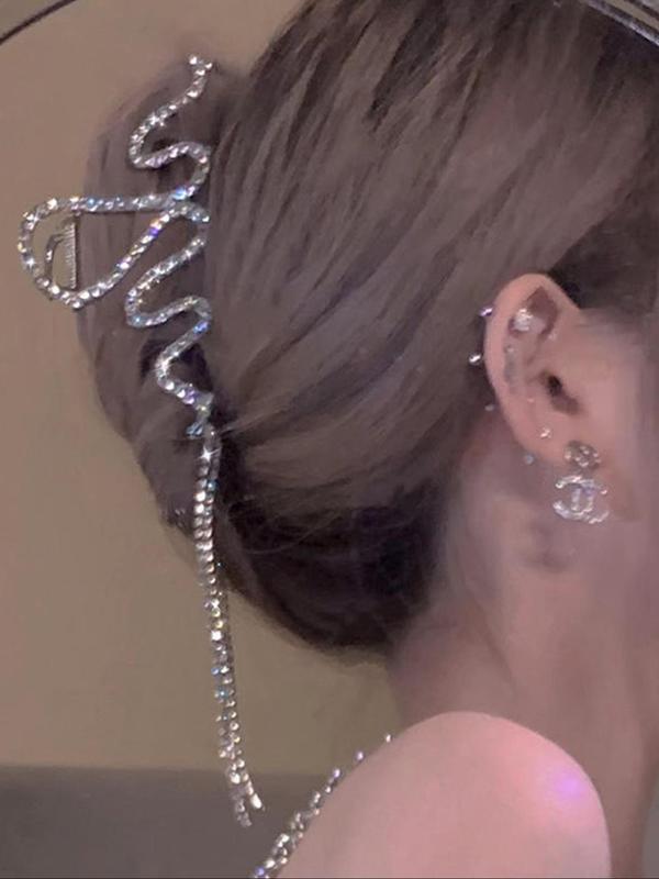 Irregular Wavy Shape Design Hair Claw Clip As Gift, Rhinestone Decorated Tassel Hair Claw Clip, Elegant Plain Hair Accessories for Women & Girls, Fashion Accessories for Party and Daily Life 4