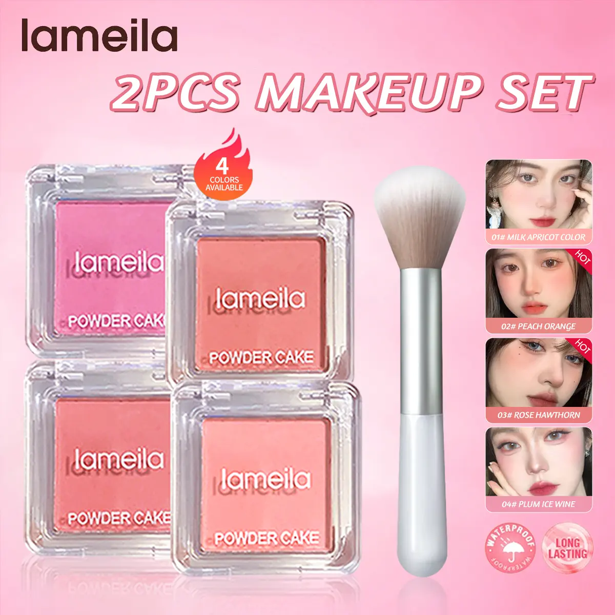 Phấn Đánh Lì LAMEILA, Một Mảnh, Sắc Tố Cao, 4 Màu, Không Thấm Nước, Làm Sáng Tông Màu Da, Bảng Phấn Đánh Đa Công Dụng Lì, Mua 1 Lấy 1 Tặng Kèm Cọ