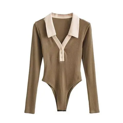 bodysuit nữ  Áo Liền Quần Cổ Chữ V Cho Nữ, Màu Tương Phản, Cô Gái Nóng Bỏng, Mặc Đáy Quần Gợi Cảm, Áo Thun Dài Tay, Lớp Cơ Sở, Áo Sơ Mi