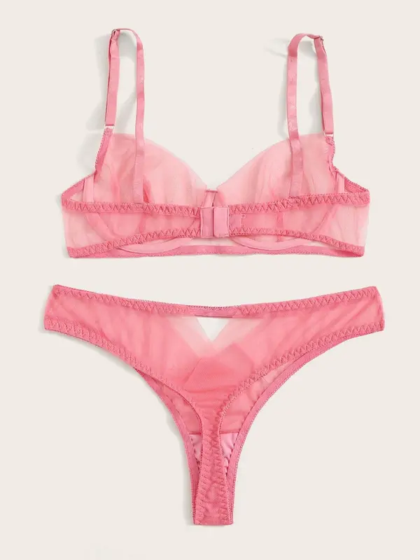 Women's Solid Color Underwire Bra & Panty Two-piece Set, Sexy Comfy Breathable Tulle Lingerie Set, Women's Underwear Set for All Seasons 1