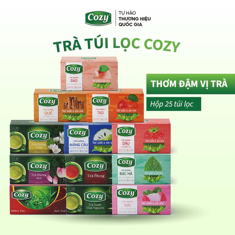 Trà Túi Lọc Cozy Tea Các Vị Trà Ô Long, Trà Xanh Thái Nguyên, Hồng Trà, Trà Sen, Trà Xanh Nhài, Trà Đào, Trà Dâu, Trà Vải, Trà Quế, Trà Bạc Hà, Trà Táo (25 túi lọc x 2g) Nước Trà Thơm, Chè Tươi Nguyên Chất