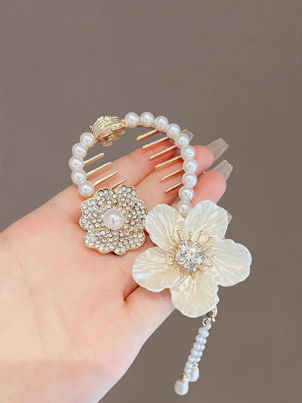 Women's Elegant Rhinestone & Faux Pearl Decor Hair Clip As Gift, Trendy Exquisite Flower & Tassel Design Hair Clip, Chic All-match Shiny Hair Accessories for Hairstyle Decor 3