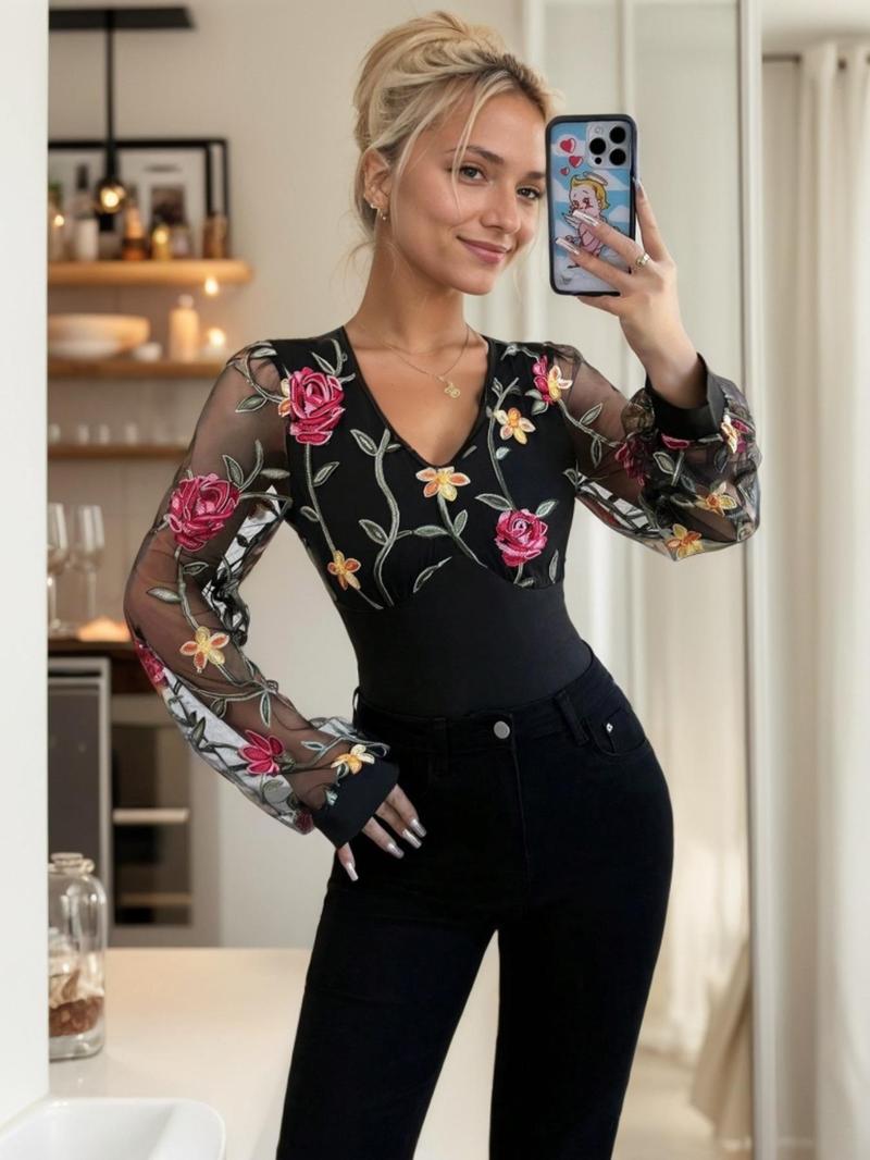 Product Introduction of Women's Floral Embroidery V Neck Long Sleeve Bodysuit, Casual Bodysuit for Daily Wear, Ladies Clothes for All Seasons 5