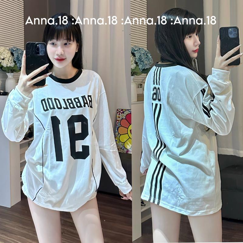 Áo phông cotton cotton khô sọc tay phối cổ (91 -02) dài tay form rộng Top Nữ Cổ Tròn