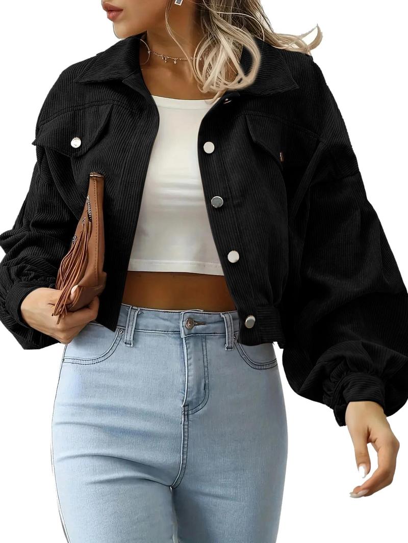 Product Introduction of Women's Plain Pocket Button Front Lantern Sleeve Ruched Jacket, Coats for School, Casual Drop Shoulder Long Sleeve Collar Outerwear for Daily Wear, Jackets for Women, Ladies Clothes, Back To School Clothes, Gen Z Corporate Outfit,  Winter Coats 2024 8