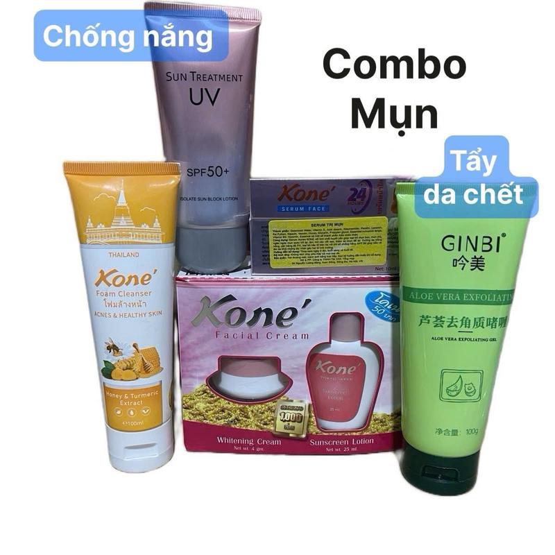 Combo Mụn Kem Kone 5 Món Gồm ( Sét kem kone, sữa nghệ , serrum vàng, tẩy da chết nha đam GiBi, chống nắng sun treatment) làm đẹp da Skincare Cho Bé Serum Son