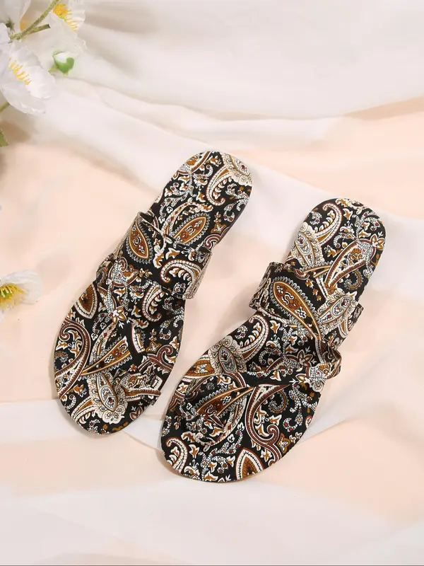 Women's Ethnic Pattern Design Slides, Boho Style Slippers for Summer, Vintage Comfortable Slides for Beach, Vintage Slippers for Indoor & Outdoor Wear, Walking Shoes 6