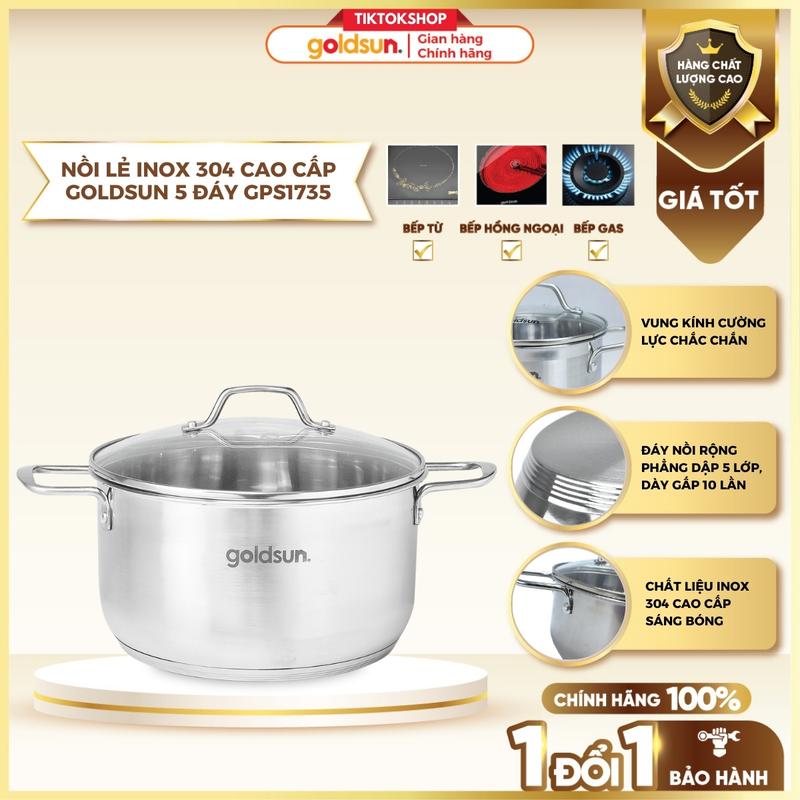 Nồi inox 5 đáy Goldsun GPS1735 đáy từ 5 lớp sử dụng trên mọi loại bếp - Kích thước 16cm/20cm/24cm
