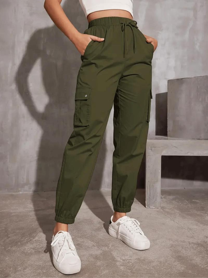 Product Introduction of Women's Solid Pocket Drawstring Cargo Pants, Casual Y2K Style Pants for Daily Wear, Ladies Bottoms for Spring & Fall 1