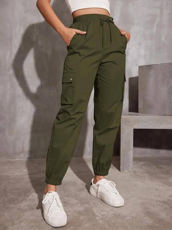 Women's Solid Pocket Drawstring Cargo Pants, Casual Y2K Style Pants for Daily Wear, Ladies Bottoms for Spring & Fall 0
