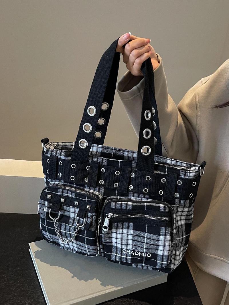 Product Introduction of Women's Fashionable All-match Punk Style Tote Bag with Multi-pocket Design, Casual Versatile Zipper Design, Large Capacity Shoulder Tote Bag 13
