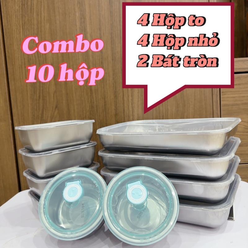 Combo 10 Hộp ( 4 Khay To + 4 Khay Nhỏ Đựng Thực Phẩm Có Nắp Đậy Inox 304 + 2 Bát Tròn Có Gioăng Silicon)