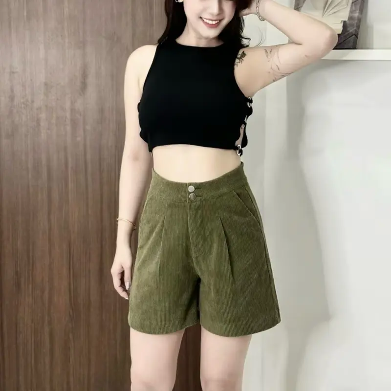 Quần Short Nhung Gân Lưng Cao Nữ Hàn Quốc Chất Liệu Nhung Gân Mềm Mịn Phù Hợp Mọi Lứa Tuổi 5