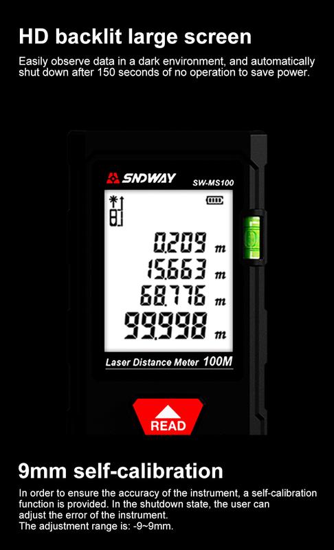 Product Introduction of 40M/131ft SNDWAY Pro Laser Distance Meter - High-Accuracy Digital Measure Tool with Large Backlit Display, Self-Calibration, and Battery Powered Operation - Portable Handle Electronic Ruler for Easy Measurements 10