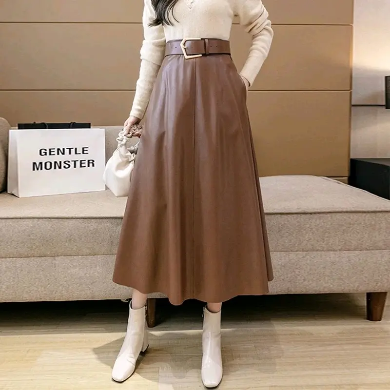 Rok semi kulit Rempel rok wanita panjang pinggang karet highwaist terbaru 0