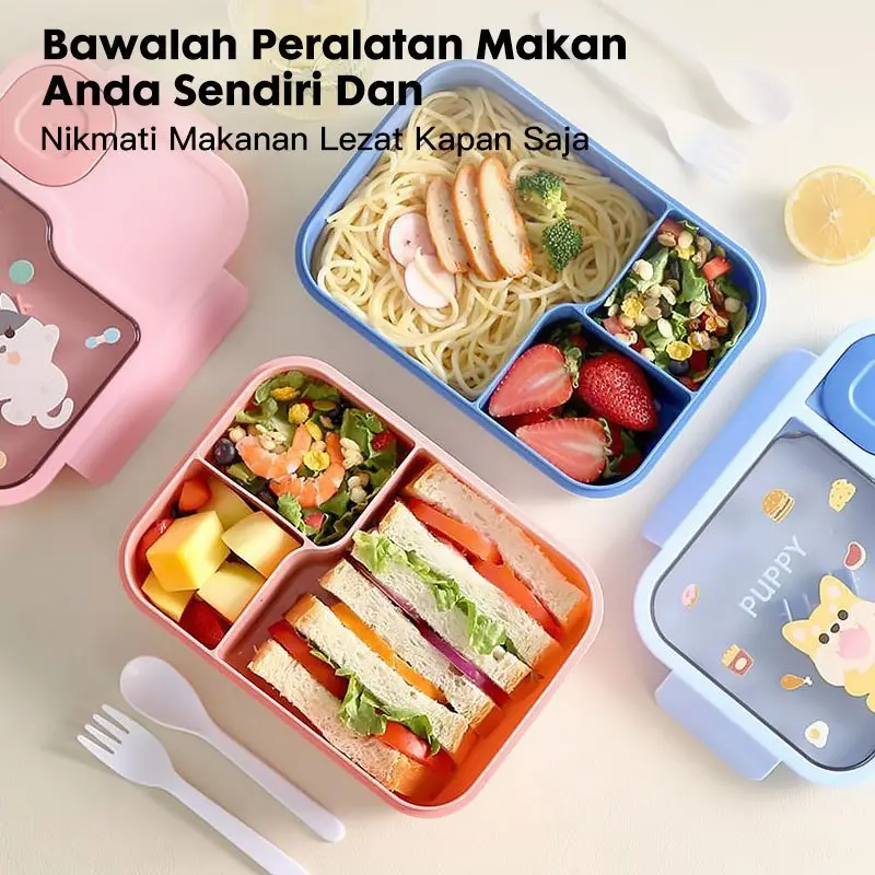 ready stock Eatkit Paket Tempat Makan Anak 1450ml Lunch Box Set 3 Sekat BPA Free Kotak Bekal Karakter Tas Bekal 2