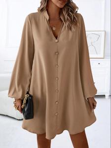 Women's Plain Button Design Shirt Dress, Elegant Bishop Sleeve Dress for Spring & Fall, Women's Clothing for Daily Wear