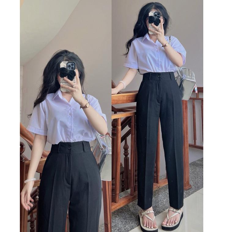 Quần Tây Nữ Đi Học Lưng Cao Có Túi Màu Xanh Đen Xám Dáng Dài Kèm Đai - Quần Vải Nữ Học Sinh Cấp 2 3 Cạp Cao Ống Đứng Vải mềm  Ong Women Kem Pants quantay  congso quan baggy nu lung cao quầnbaggy nữ quần  tây  đen