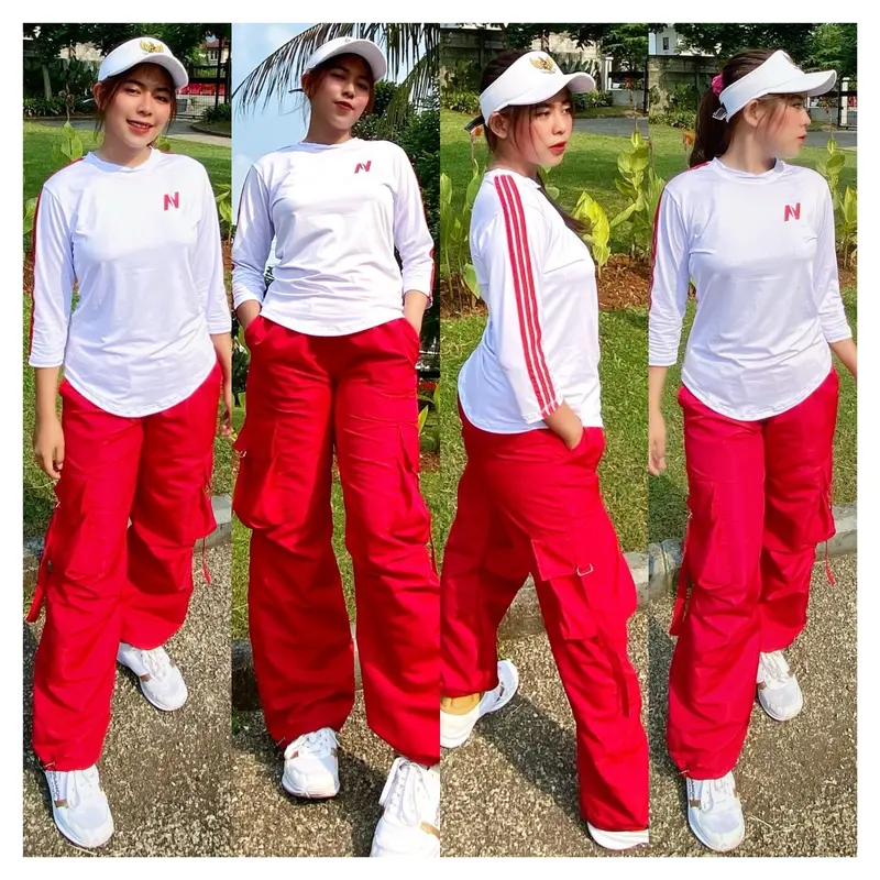 Setelan Senam Olahraga 1Set Mix Atasan N Putih Lis Merah dan Celana Cargo Harajuku Merah 1