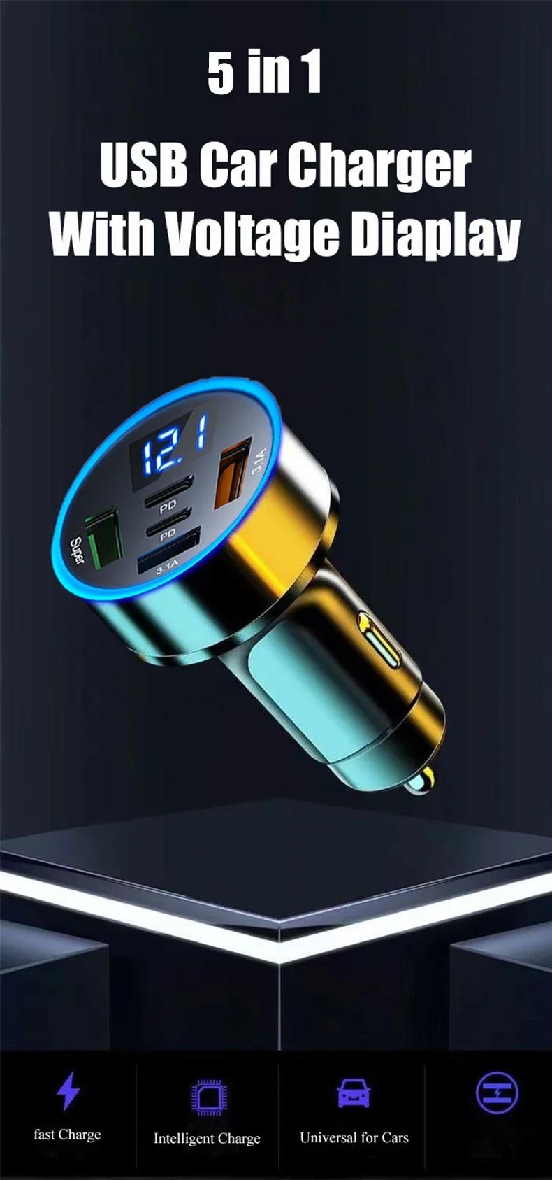 Product Introduction of ที่ชาร์จโทรศัพท์ในรถยนต์ USB C PD คู่, Uyxio, พร้อมจอแสดงผลแรงดันไฟฟ้า, อะแดปเตอร์ชาร์จเร็วสุด 5 in 1, เข้ากันได้กับ iPhone, Samsung, Huawei, OnePlus Car Gps 0