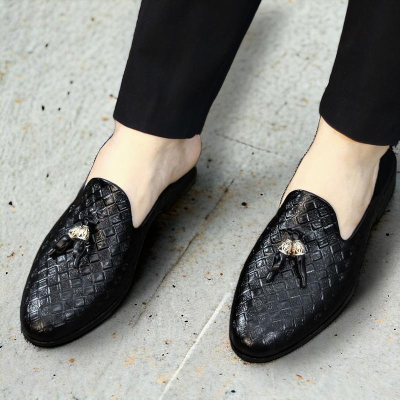Giày sục nam công sở cao cấp, giầy lười xục da pu hàng kĩ Đế cao su in hoạ tiết vân caro, gắn chuông vàng trang trí B.22 Shoes DéP Hoa giaysuc suc l209-43 thông thường L Người Nhật dép đế trấu giay 5