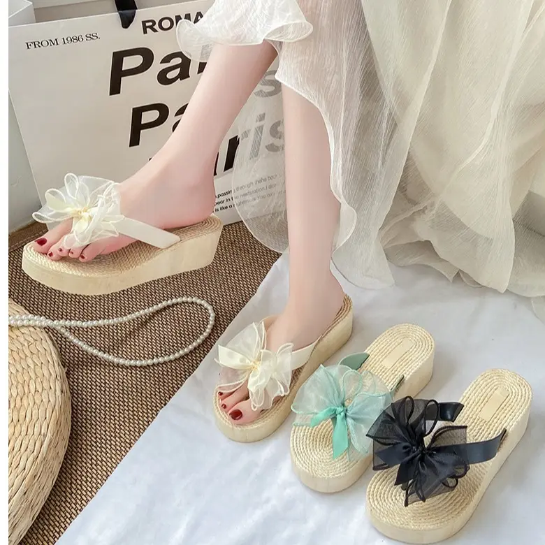 Lenbychia - [Sẵn size] Dép xuồng giả cói nữ xỏ ngón nơ voan cao 5cm xinh xắn - ứng dụng cao, đi dạo, đi biển - TN23