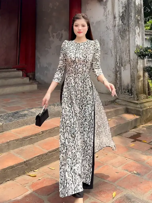 Áo dài hoa sao, hoa nhí đen cổ tròn, tay phồng thanh lịch - Áo dài Nữ dáng truyền thống - Mã HN05 1