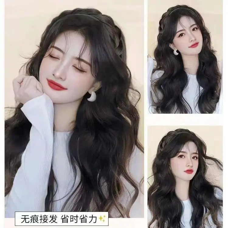 wig for woman Hair extensions Long curly and straight hair, Black wig Lazy wig headgear Fried Dough Twists Hair Band Wig One piece Wig