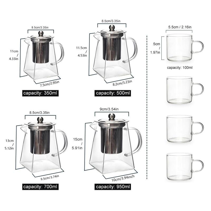 Glass Tea Pot with Removable Stainless Steel Filter & Handle, Clear Square Tea Pot & Tea Cup Set, Tea Making Tool for Home Office Use, Home Accessories, Kitchen Accessories 5