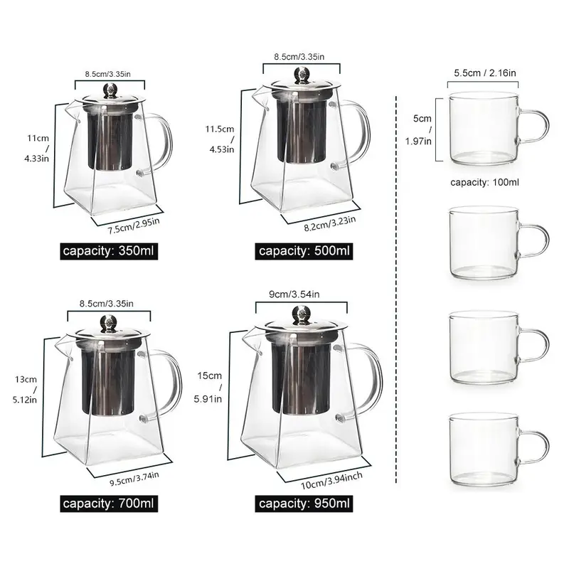 Glass Tea Pot with Removable Stainless Steel Filter & Handle, Clear Square Tea Pot & Tea Cup Set, Tea Making Tool for Home Office Use, Home Accessories, Kitchen Accessories 5