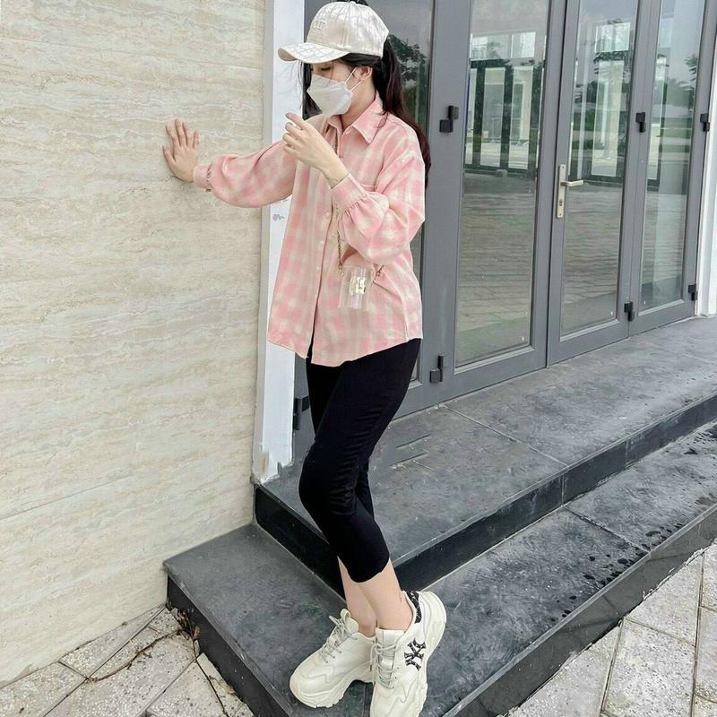 Áo sơ mi caro hồng mới form rộng tay cánh dơ