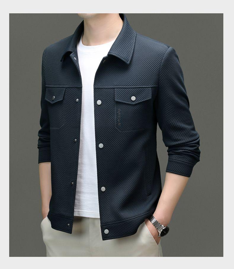 Product Introduction of Spring 2024 Men's Knitted Elastic-Force Jacket Lapel Overalls Korean Style Slim-Fitting Jacket Fashion All-Matching Closed 30