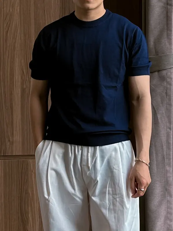 Áo thun ôm body tay ngắn dệt kim Mongtoghi cao cấp phù hợp 4 mùa, thoáng mát dễ chịu Menswear Shirt Navy Nam Cổ Tròn 4
