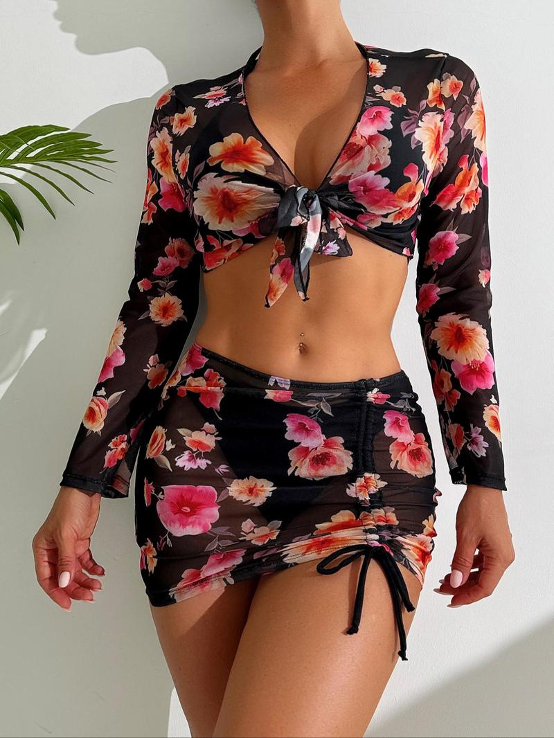 Product Introduction of Women's Halter Neck High Cut Bikini Set, Triangle Swim Bra & Swim Panty & Floral Print Drawstring Cover Up Skirt & Tie Front Cover Up Top, Ladies Summer Swimsuit 1