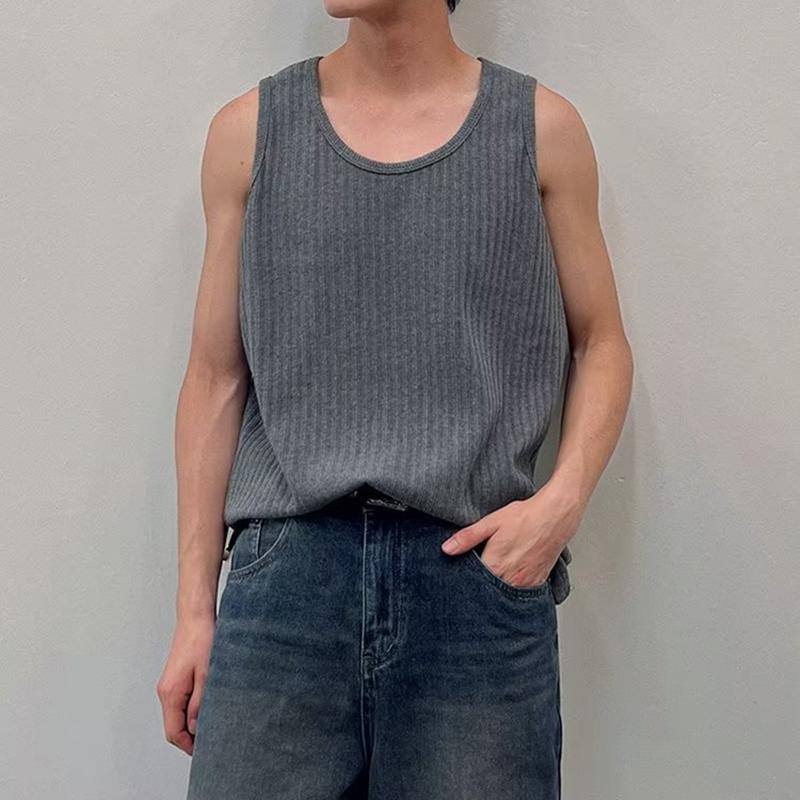 Áo Vest Thường Ngày Mùa Hè Cho Nam, Cổ Tròn, Không Tay, Gân Dọc, Áo Tập Thể Dục, Dáng Rộng Vừa Vặn, Màu Trơn Thích Hợp Cho Thể Thao Và Đi Chơi 2