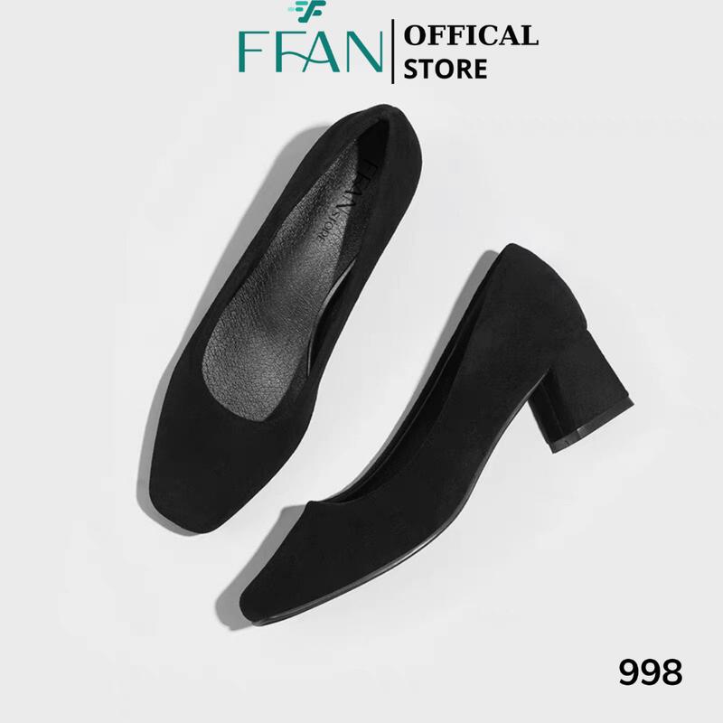 Giày cao gót mũi vuông nữ [da lộn mềm mại] 998 FFAN STORE,  công sở cao gót đế vuông bít mũi 3 5 7 phân màu đen big size Cao Su