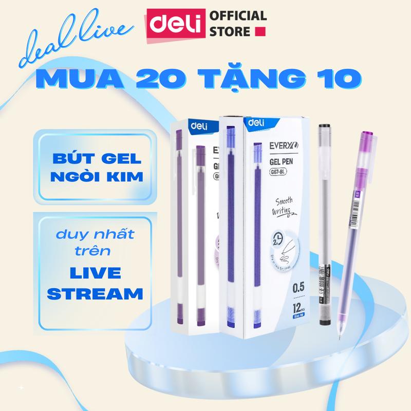 [TẶNG 10 BÚT TRÊN LIVE] Combo 20 bút gel ngòi kim 0.5mm Deli - Mực xanh/ đen/ tím - Viết trơn tru, quai cài bút tiện lợi EG67
