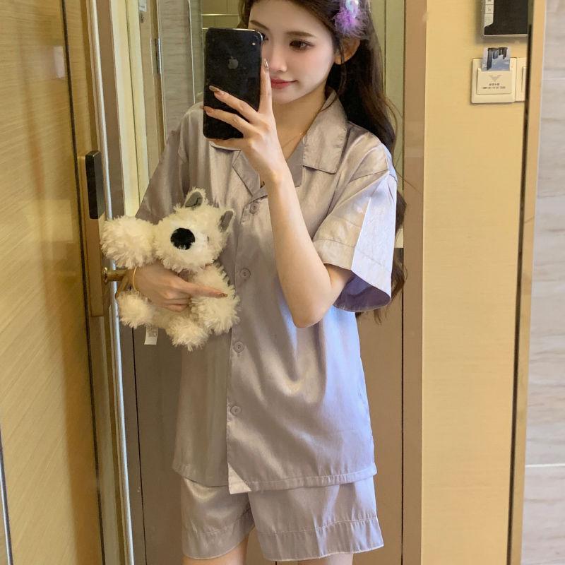 Bộ Đồ Ngủ Lụa Lạnh Dành Cho Nữ, Bộ Áo Ngắn Tay Và Quần Đùi Mỏng Mùa Hè, Bộ Đồ Mặc Ở Nhà Thường Ngày Satin Dệt Twill Hình Người Kiểu Hàn Quốc 7