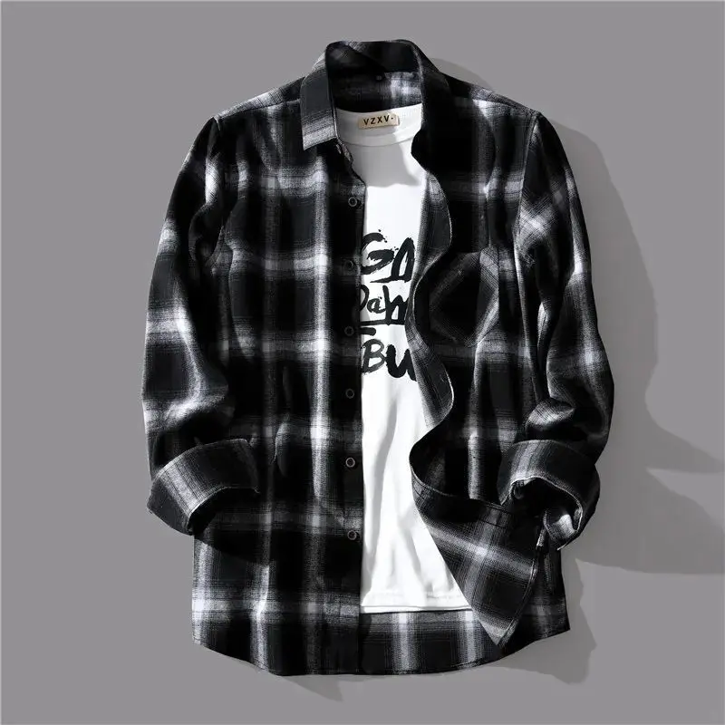 Trendy Black White Plaid Shirt Men's Korean Style Loose Fit Casual Long Sleeve Top Jacket For Summer Autumn