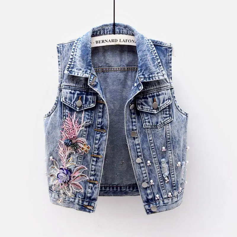 Áo Ghi Lê Denim, Nữ, Ngắn, Trang Phục Mùa Thu, Thiết Kế Chạm Khắc Mới, Vá, Hạt Công Nghiệp Nặng, Không Tay, Áo Ghi Lê, Thích Hợp Cho Học Sinh, Thêu Denim Trên Cùng Top Women